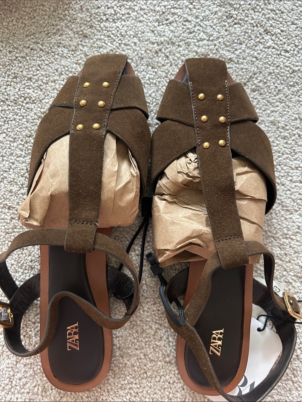 Zara Brown Suede Ankle-Wrap Sandals with Gold Buckle